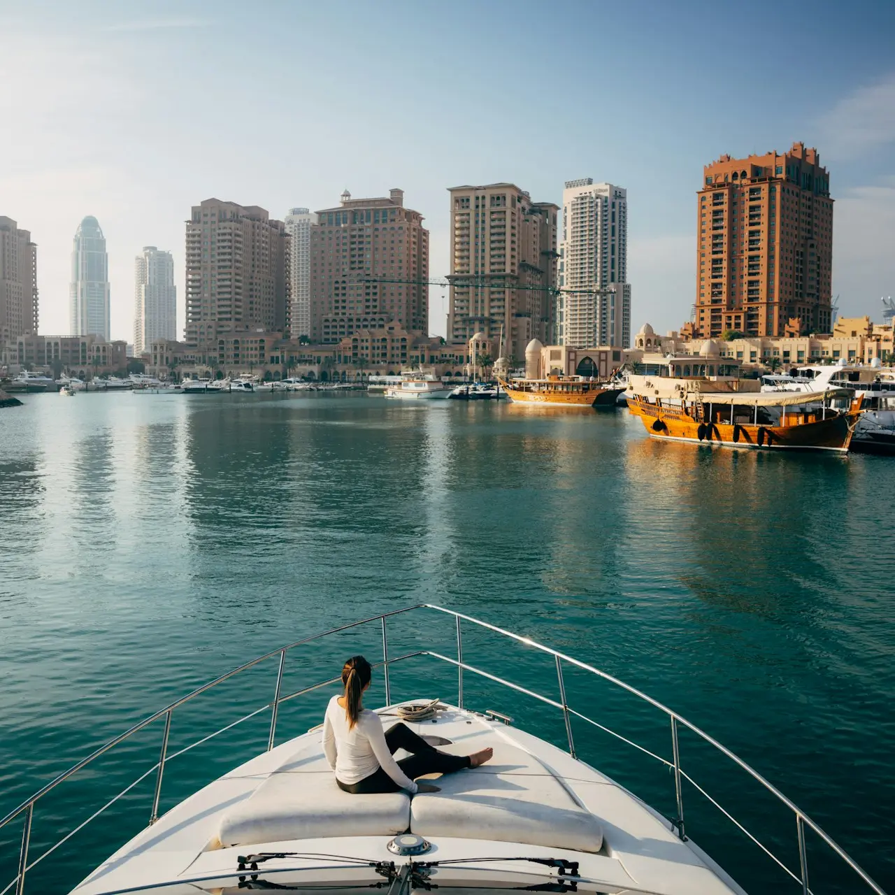 a man sitting on the bow of a boat in a harbor